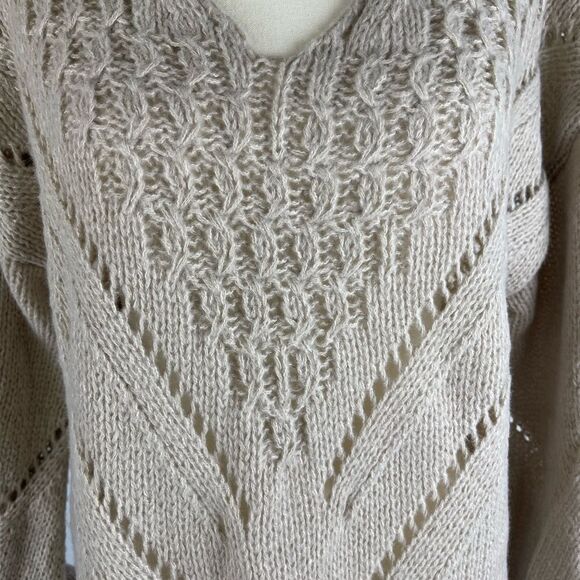 Paille V neck loose pullover casual knitted sweater hollow out chic khaki sz M - Picture 6 of 14